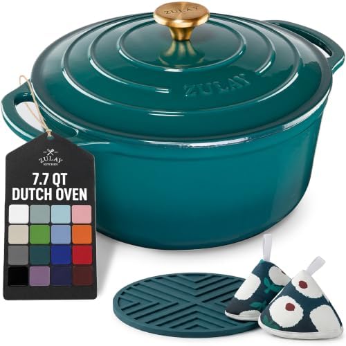 Zulay Kitchen 7.7 Quart Enameled Cast Iron Dutch Oven Pot with Lid – Premium Durability & Oven Safe up to 500°F – Heavy Duty Cookware Perfect for Bread Baking, Stews, Braising & Roasting – Emerald by ZulayKitchen