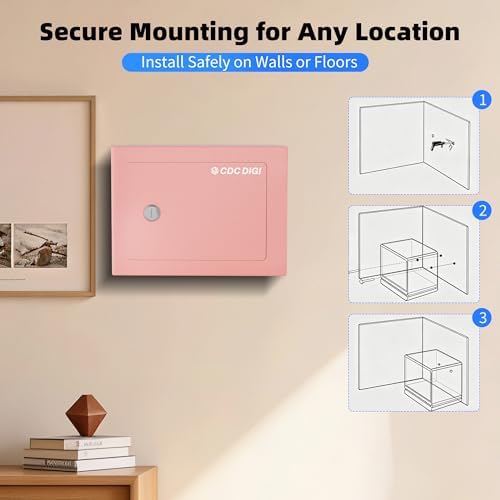 CDC DIGI Safe Box, Steel Security Safe Lock Box with Key Lock, Safe Box for Home, Office, Money, Jewelry, Documents and Valuables, 0.23 Cubic Feet, 9.06" W x 6.69" D x 6.69"H（Pink） - Image 4