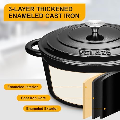 Velaze 7.5 QT Enameled Cast Iron Dutch Oven Pot with Lid,Black - Image 2