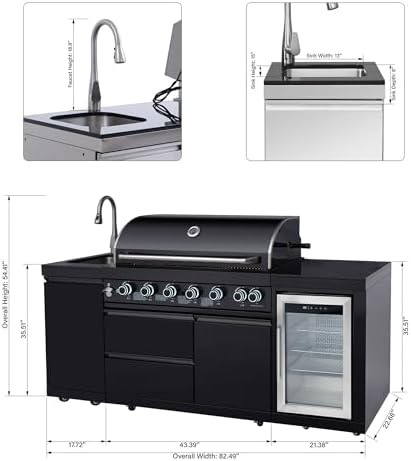 82 Inch Outdoor Kitchen Island, 6 Burner Propane Gas BBQ Grill 83500 BTU, 304 Stainless Steel Black Grill Station with Sink, Refrigerator, Rotisserie, For Backyard BBQ, Black - Image 4