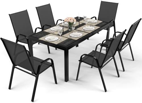 Pamapic Outdoor Dining Sets for 6, Rectangular Steel Slat Table with 6 Textilene Chairs, 7 Piece Patio Table and Chairs Set with Umbrella Hole for Patio, Backyard, Poolside (Black, No Umbrella) - Image 3