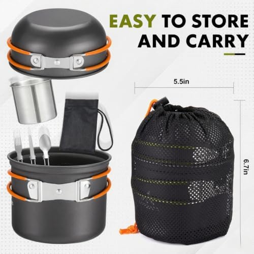 Camping Cookware Kit Backpacking, 0.33Gal Pots and 0.17Gal Pans Set,0.08Gal SUS304 Cup, Forks Knives Spoons for Hiking,Camping,Outdoor Cooking,Picnic,Solo Camping cookware - Image 5