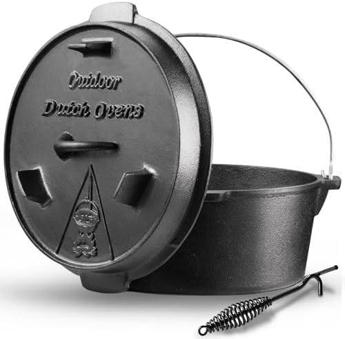 Camping Dutch Oven, 9 Qt Pre-Seasoned Cast Iron Camp Dutch Oven Pot with Lid - Lid Lifter, Cast Iron Dutch Oven with Metal Handle for Cooking BBQ Baking Campfire Modern Black by NSIRONS