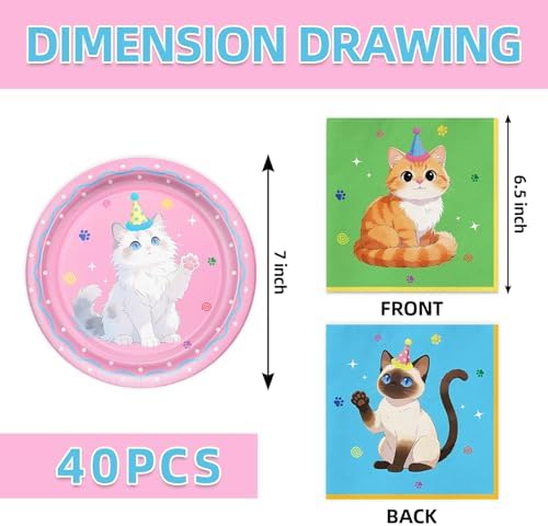 40pcs Cute Cat Birthday Party Supplies Colour Cat Plates and Napkins for Girl Kitten Baby Shower Pet Lover Gifts Decorations,Suitable for 20 Guests - Image 2