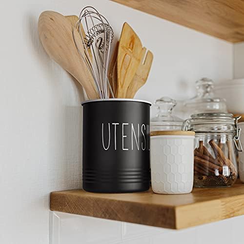 Bivvclaz Kitchen Utensil Holder, 6.7" Utensil Holder for Kitchen Counter, Cooking Utensil Crock with Cork Bottom, Modern Farmhouse Decor, Countertop Utensil Storage Organizer Caddy, Black - Image 6