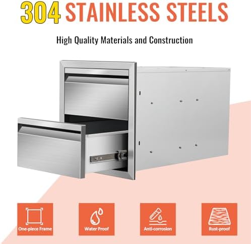 Outdoor Kitchen Drawers Double BBQ Drawers Stainless Steel Built-in Drawer 14" W x 15" H x 23" D for Outdoor Kitchen Island Patio Grill Station - Image 3