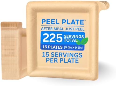 Peel Plate [15-Pack] 225 Servings Total - Large 9.5in X 9.5in Multi-Use Reusable Paper Plates 90% Less Waste For Home or On-The-Go Mealtime & Snacktime, 15 Count by Unknown