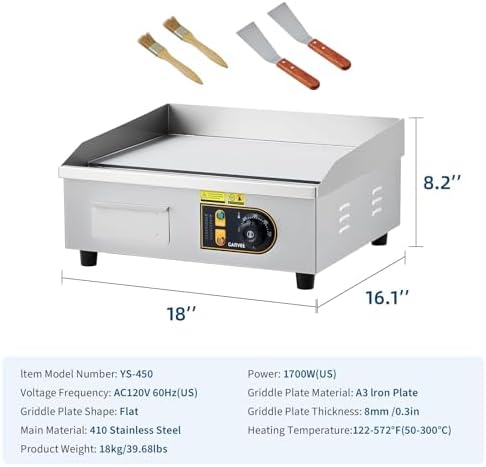 Garvee 18in Commercial Electric Flat Top Griddle Non-Stick for Breakfast Bars, Countertop Flat Top Grill with 2 Shovels and 2 Brushes for Roadside Stands, 122℉-572 ℉ Adjustable Temp - Image 7