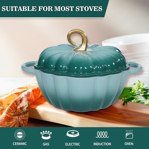 Pumpkin Enameled Cast Iron Dutch Oven with Lid, 4.5 QT Dual Handles and Heavy Duty Pot, Oven Safe up to 500°F for Bread Baking, Braising, Cooking and Family Gifts, Cyan - Image 6