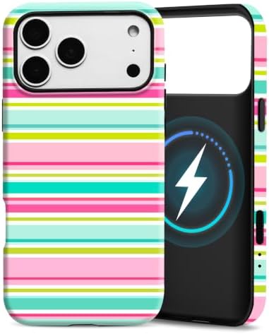 for iPhone 17 Pro Max Case, Magnetic Matte Frosted Dual-Layer Striped Phone Case for Women, Retro Aesthetic Cover Compatible with Mag Safe Accessories - Guava Lime by YKCZL