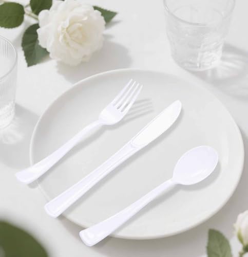 HEIPINIUYE 75 Pack White Plastic Cutlery Heavy Duty White Plastic Knives Forks and Spoons Disposable Silverware Set for 25 Guest Camping Birthday Baby Shower Party Cutlery Set - Image 7