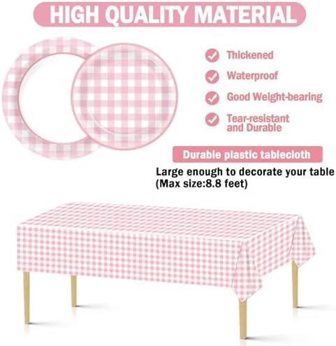 98 Pieces Pink checkered Party Supplies for 24 Guests Pink and White Checkered Tableware Set Plaid Plates Napkins Tablecloth Party Decorations for Birthday Barbecue Picnic Dinner Favors - Image 3