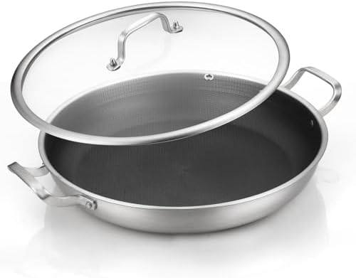 DELARLO 13 Inch Tri-Ply Stainless Steel Paella Pan with Lid Nonstick Frying Pan, Hybird Induction Large Skillets,Great for Paella Parties Indoors Outdoors,Heavy Duty Style by DELARLOCOOKWARE