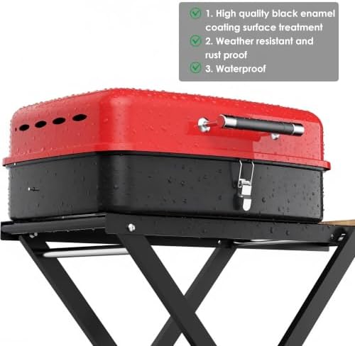 TEENO Charcoal Grill with Wheels | Folding BBQ Grill with Wooden Side Table & Bottom Storage Shelf | 2-in-1 Detachable Tabletop Smoker for Camping Picnic Patio Backyard | Portable Suitcase - Image 5