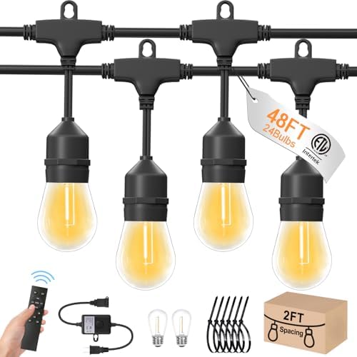 48ft Outdoor String Lights with Remote & Dimmer,24+2 Commercial Grade IP65 Waterproof Bulbs, 2700K Warm White,3 Lighting Modes & Timer,Includes 30 Cable Ties for Patio,Garden, Party by Loniuto