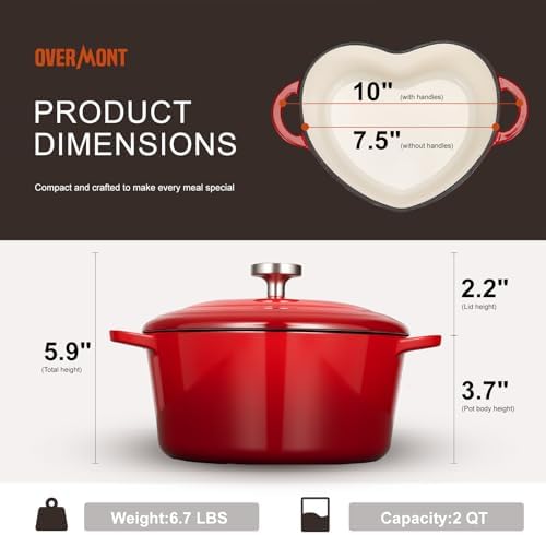 Overmont Enameled Cast Iron Dutch Oven - 2QT Heart-Shaped Mini Pot with Lid - Image 4
