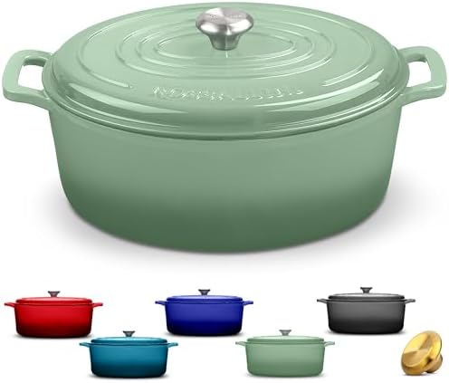 Rossallini Enameled Cast Iron Oval Dutch Oven with Lid, 15.5 Quart, Sage by RossalliniSignatureStoneware