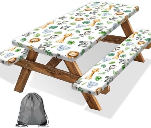 Jungle Safari Picnic Table Cover with Bench Covers, Camping Essentials, Animal Print Waterproof Windproof Table Cover, Fitted Tablecloth Cover with Elastic Edge, for Indoor & Outdoor 3 PCS 30x72 Inch by Xguatan