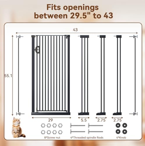 Fldofaves 57" Extra Cat Gate, Fits 29.5"-43" Wide Openings, Pressure Mounted Auto Close Tall Dog Gate with Ultra Narrow Bar Spacing, No Drill Dog Gate for Doorways, Stairs, Hallways - Image 3