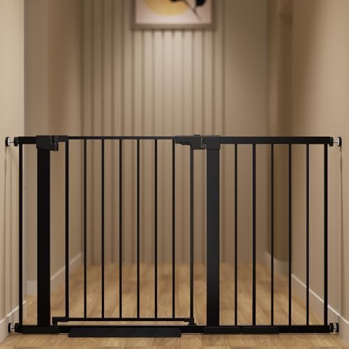 29-51 inches Extra Wide Metal Baby Gate for Stairs/Doorways, 30 inches Tall Pressure Mounted Pet Gates, Auto-Close Child Safety Gate, No Drilling Easy Walk-Through Dog Gate Indoor, Black by Unknown