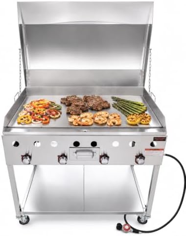 36” Stainless Steel Propane Griddle Cart | 4 Burner Outdoor Flat Top Grill | Heavy Duty Griddle Station with Lid, 4 Wheels & Lower Storage Shelf | Portable Flat | Commercial and Backyard Cooking by GasSharkOutdoorCooking