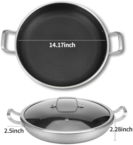 DELARLO 13 Inch Tri-Ply Stainless Steel Paella Pan with Lid Nonstick Frying Pan, Hybird Induction Large Skillets,Great for Paella Parties Indoors Outdoors,Heavy Duty Style - Image 5
