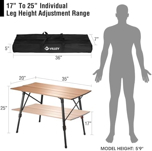 VILLEY Portable Camping Table with Adjustable Legs, Aluminum Folding Table - Image 3