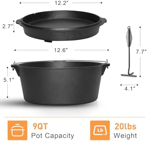Camping Dutch Oven, 9 Qt Pre-Seasoned Cast Iron Camp Dutch Oven Pot with Lid - Lid Lifter, Cast Iron Dutch Oven with Metal Handle for Cooking BBQ Baking Campfire Modern Black - Image 2
