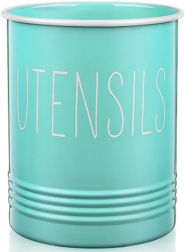 Bivvclaz Teal Kitchen Utensil Holder, 6.7" Utensil Holder for Kitchen Counter, Cooking Utensil Crock with Cork Bottom, Turquoise Decor and Accessories, Countertop Utensil Storage Caddy Organizer by Bivvclaz
