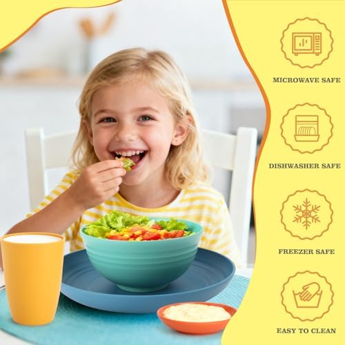 Wheat Straw Dinnerware Sets, Unbreakable Plates and Bowls Sets of 16, Kids Dinnerware Set Sevice for 4, Dishwasher & Microwave Safe Dish Set for Kitchen, Outdoor, Camping - Multi - Image 4