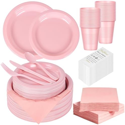400 Pieces Pink Plastic Plates Set with 50 Party Wipes, Solid Pink Plastic Dinnerware - 50 Each 9" Dinner Plate Set, 7" Dessert Plate, Cups, Napkins & Cutlery for Any Celebration by Unknown