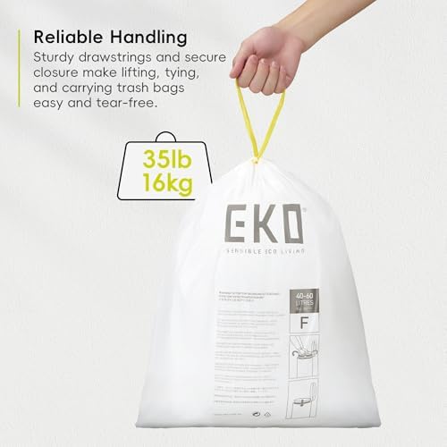 EKO 13 Gallon / 40-60 Liter,110 Count Drawstring Trash Bags, Extra-Strong Unscented Garbage Bags, Easy-Dispense Roll for Kitchen & Household Use, Resists Tears, Leaks and Punctures, Code F, White - Image 4