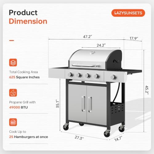 LazySunsets 4-Burner Propane Grill 49,000 BTU Stainless Steel,Silver - Image 2