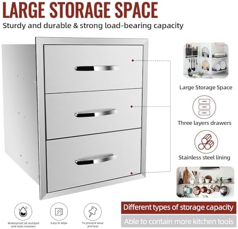 Outdoor Kitchen Drawers, BBQ Drawers for Outdoor Grill Station, 18''W x 24''H x 23''D Stainless Steel Built-in Cabinet with Handle, Weatherproof and Durable Storage for BBQ Accessories and Trash - Image 4