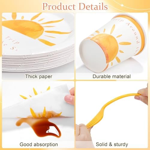 Kochorie 144 Pieces Boho Sun Birthday Party Decorations Tableware Sets Including Disposable Bohemia Sunshine Plates Napkins Cups Forks Serves 24 for Sun Baby Shower Party Supplies - Image 3