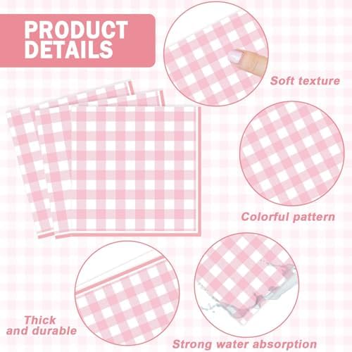 98 Pieces Pink checkered Party Supplies for 24 Guests Pink and White Checkered Tableware Set Plaid Plates Napkins Tablecloth Party Decorations for Birthday Barbecue Picnic Dinner Favors - Image 4