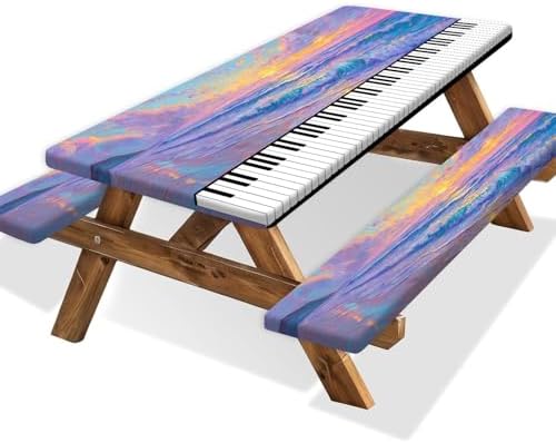 Piano Keyboard Picnic Table Cover with Bench Covers, Camping Essentials, Beach Seaside Sunset Purple Waterproof Windproof, Fitted Tablecloth Cover with Elastic Edge for Outdoor Garden 3 PCS 30x96 Inch by Xguatan