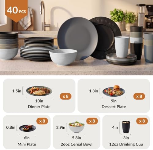 Homienly 40 PCS Kitchen Plates and Bowls Sets for 8 Wheat Straw Dinnerware Sets Microwave and Dishwasher Safe Camping Dish Set Plate Set, Kids, Reusable, Unbreakable, Lightweight-BlackGrey - Image 2