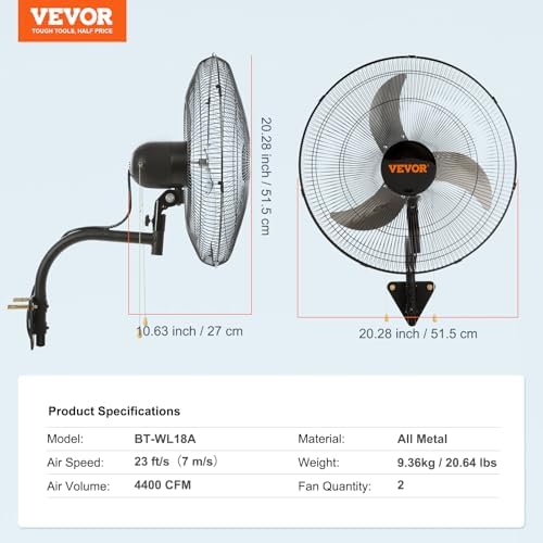 VEVOR 18 Inch Wall Mount Fan, Oscillating, 3-Speed, 4000 CFM, 2 Pack - Image 7