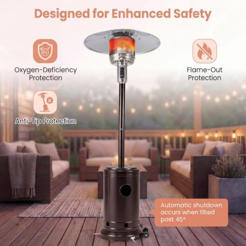 COSTWAY Outdoor Patio Heater, 47476 BTU Propane Heater with Stainless Steel Burner and Wheels, Triple Protection System, Standing Portable Outside Heater for Porch, Deck, Home and Commercial, Bronze - Image 5