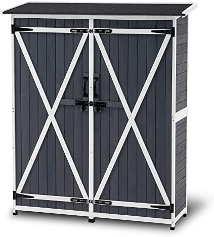 MCombo Outdoor Storage Cabinet with Shelves, Wood Garden Shed with Floor, Outside Tool Shed with 2 Lockable Doors for Backyard Patio Lawn, 1400 (Gray) by MCombo