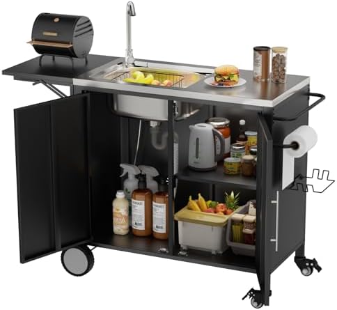 Outdoor Grill Table with Sink, Metal Worktable Kitchen Cabinet Island by AHOMRTHOMEFLAGSHIPSTORE