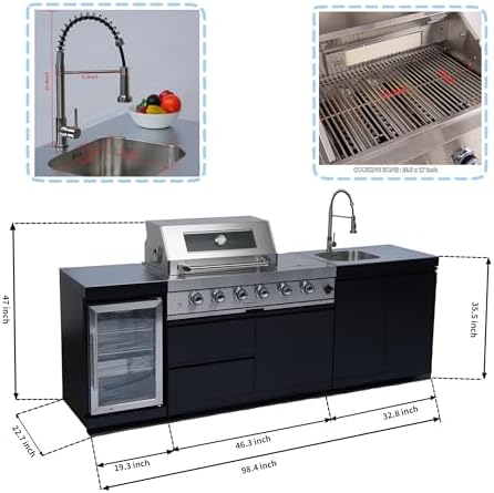 98-Inch 4-Burner Natural Gas Outdoor Kitchen Grill Island - 72000 BTU Stainless Steel BBQ, Refrigerator, Rotisserie, Stainless Countertops, For Patio, Lawn, Backyard, Black - Image 3
