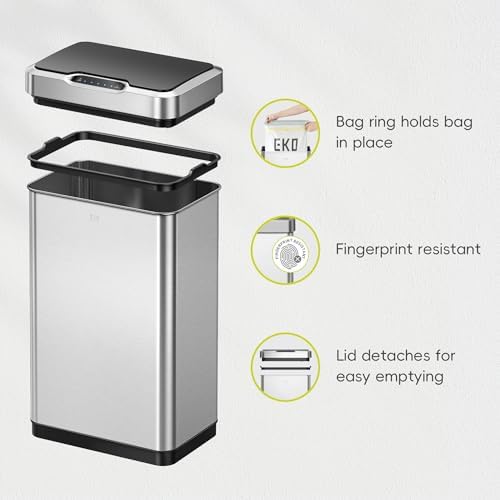 EKO Mirage-T 50 Liter / 13.2 Gallon Touchless Rectangular Motion Sensor Trash Can or Recycling Bin, Brushed Stainless Steel Finish - Image 6
