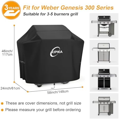 Kipiea 600D Heavy Duty Gas Grill Cover for Weber Genesis 300 Series & New Genesis 300 Grills, 58-Inch Waterproof BBQ Cover with Windproof Buckles, UV Resistant, No Tear, No Fading - Image 2