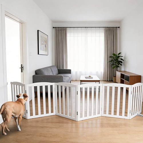 Freestanding Dog Gate Indoor,Doggie Gate Foldable Dog Gates for Doorways,Stairs or Hallways, Wooden White Pet Gate for the House, Pet Fence with Support Feet Included,24 "Height-6 Panels by SFJC