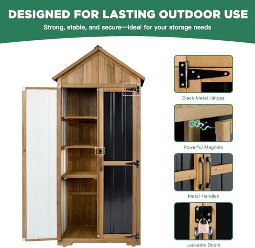 Ketive Outdoor Storage Cabinet, Wood & Metal Storage Shed with Weather-Resistant Roof, Adjustable Shelf, Lockable Doors & Adjustable Feet, for Garden, Patio, Backyard, 27.5" x 13" x 67" - Image 5