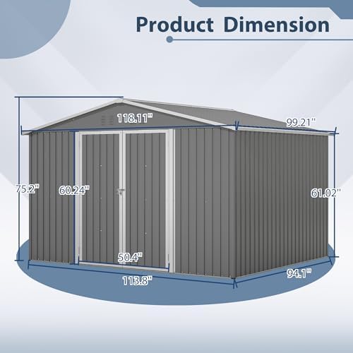 YOPTO 10X8 FT Outdoor Storage Shed,Metal Shed W/Floor Frame,Garden Tool House W/Lockable Hinged Door,Air Vents & Sloped Roof,for Backyard Patio Lawn,Gray - Image 3