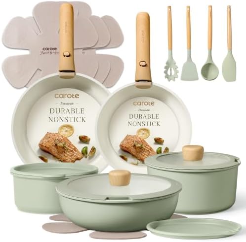 CAROTE 19pcs Pots and Pans Set Non Stick, Detachable Handle Cookware, Green by CAROTE