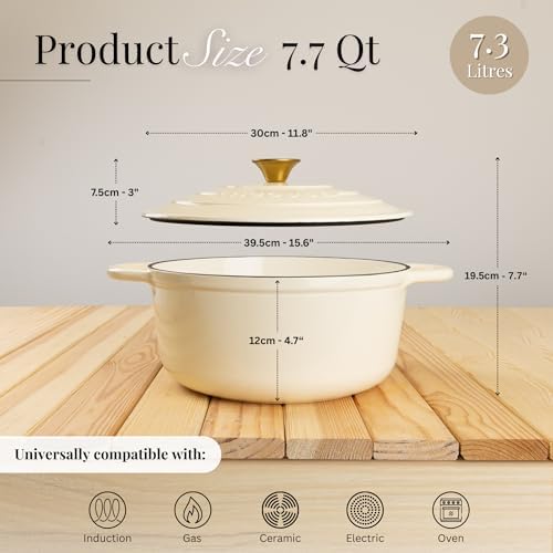 Cast Iron Dutch Oven with Lid-Non-Stick Ovenproof Enamelled Casserole Pot - Sturdy Dutch Oven Cookware-Cream, 7.3- Quart, 30cm- by Nuovva - Image 2